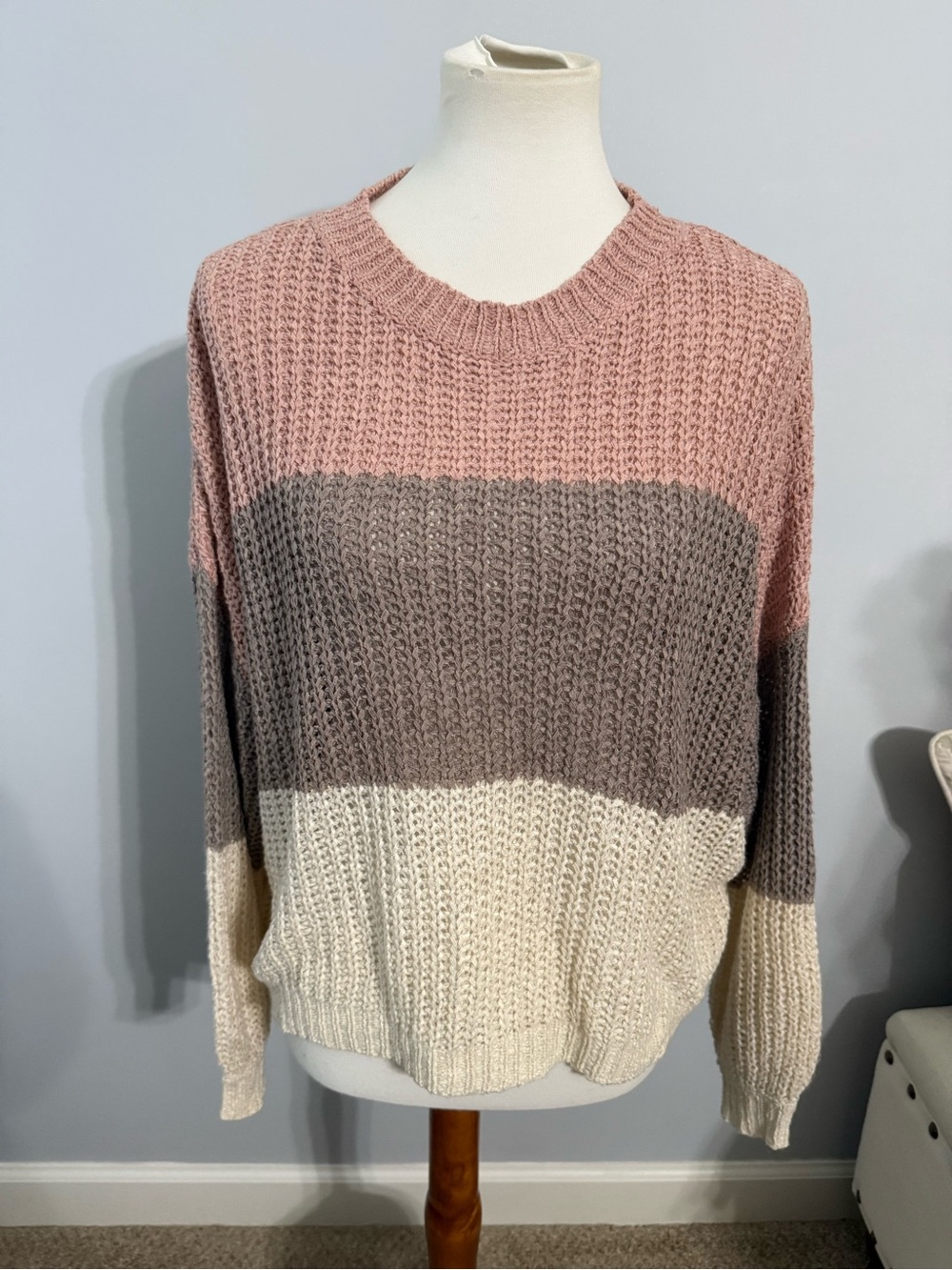 She + Sky Three-Tone Knit Crewneck Sweater - Dusty Pink, Taupe & Cream